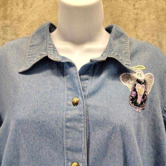 Blair Women Size XL Embroidered Angel Denim Button Down Shirt Top 90s Grannycore - Picture 8 of 12